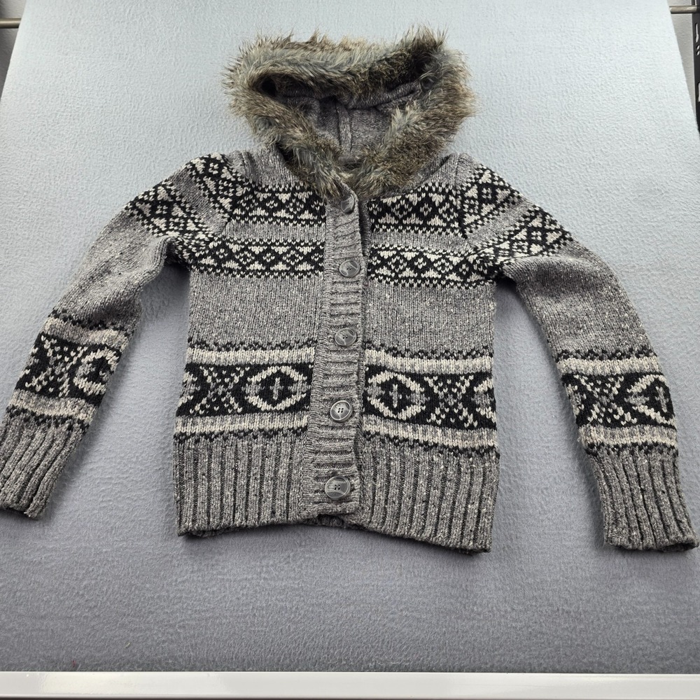 Heritage 1981 Cardigan Sweater Womens Small Gray Faux Fur Hooded Fair Isle Knit